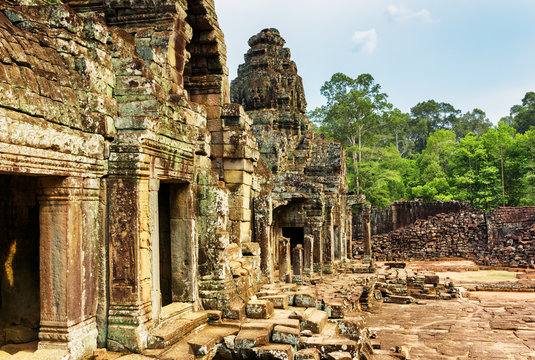 Enigmatic ruins of ancient Bayon temple, Angkor Thom, Cambodia