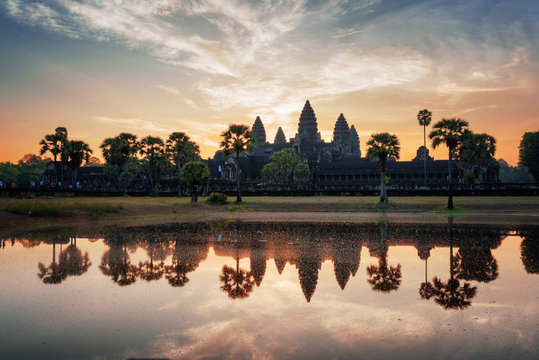 Angkor Wat reflected in lake at dawn. Siem Reap, Cambodia