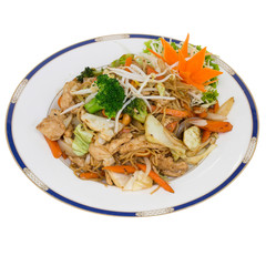 stir-fried egg noodles isolated on white