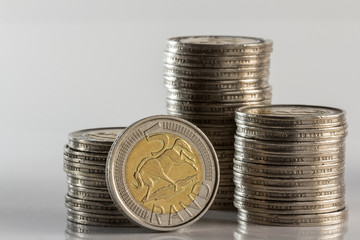 silver coins piled and side view of money