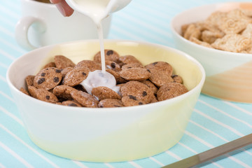 Cookie Crisp - Chocolate chips cookies cereals in yellow bowl.
