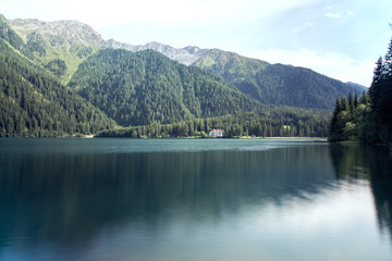 Fototapeta na wymiar Anterselva Lake and mountains in South Tyrol, Italy