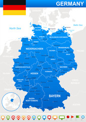 Fototapeta na wymiar Map of Germany and flag - highly detailed vector illustration.Image contains land contours, country and land names, city names, water object names. - flag - navigation icons 