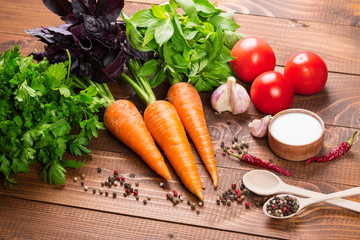 Fresh ingredients for cooking on the wood table