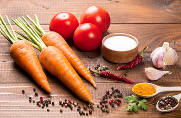 Fresh ingredients for cooking on the wood table