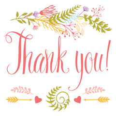 Thank you card with heart, forest herbs, arrows and calligraphy