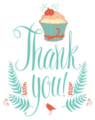 Thank you card with cupcake. Calligraphy and hand drawing