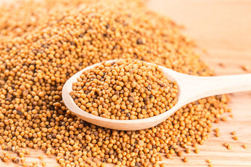 Wooden spoon of mustard seeds on wood table