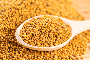 Wooden spoon of mustard seeds on wood table