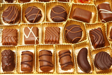 Various milk chocolates candies in a box