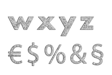 Buchstaben und Sonderzeichen aus Granitstein auf weißem  Hintergrund