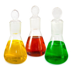  flasks with reagents closeup