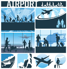 Airport vector collection of silhouettes, labels and icons