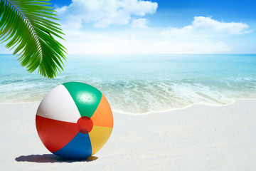 Bunter Wasserball unter Palmwedel am Strand