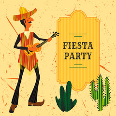 Mexican Fiesta Party Invitation with Mexican man playing the guitar in a sombrero and cactuses. Hand drawn vector illustration poster with grunge background. Flyer or greeting card template