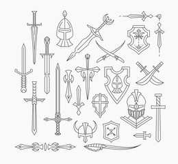 Set of linear medieval weapon and shields