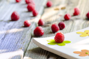 Rasberries on modern white plate on wood