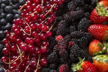 Some gooseberries, raspberries, strawberries and blueberries ove