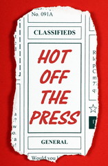 A newspaper clipping from the classified advertising section with the phrase Hot Off The Press in...