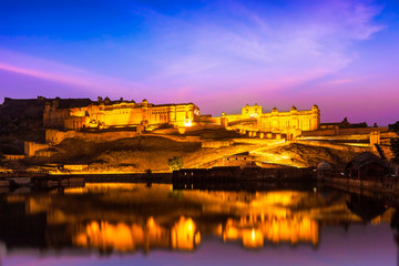 Amer Fort at night in twilight.  Jaipur, Rajastan, 