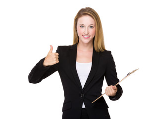 Caucasian Businesswoman hold with clipboard and thumb up
