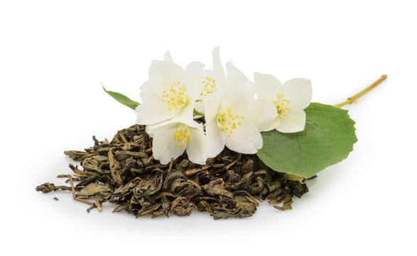 jasmine tea with jasmine flowers on white