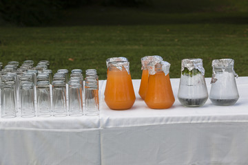 Drinks refreshments juice water in jugs and glasses on garden table landscape