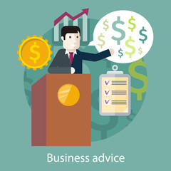 Business Advice. Cartoon Speaker on the Podium