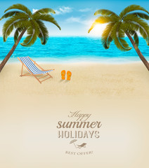 Vacation background. Beach with palm trees and blue sea. Vector.