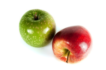 red and green apples on white