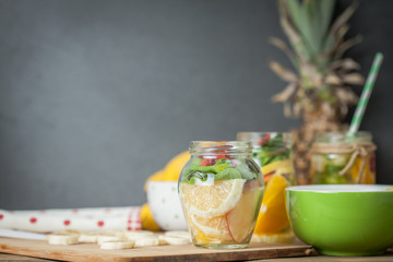 Fresh cutted fruit in jar