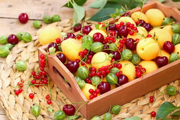 Basket of fresh fruit in summer