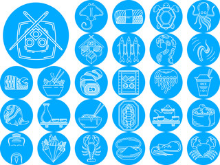 Seafood blue icons collection