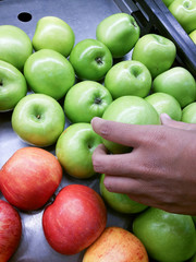 Women are picking apples in the market.