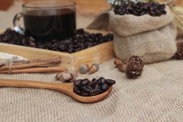 Roasted coffee beans with hot coffee