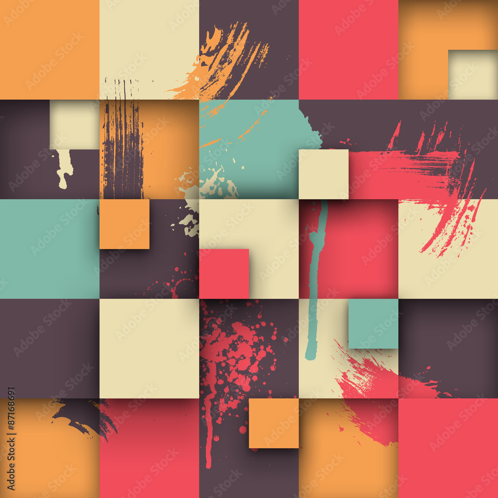 Poster abstract texture with squares and paint splashes.
