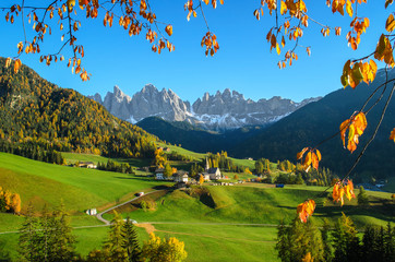 Dolomites mountain village in autumn