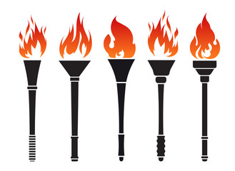 Set of five vector torches with fire