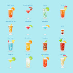 Alcohol drinks and cocktails icon set, popular cocktails, isolat