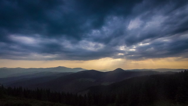 Rain clouds, rain starts. TimeLapse Ukraine mountains