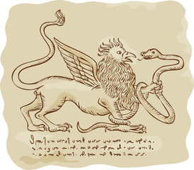 Griffin Fighting Snake Side Etching