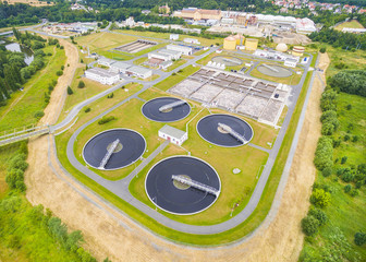 Aerial view of public sewage treatment plant for 165, 000 inhabitants of Pilsen city in Czech Republic, Europe.