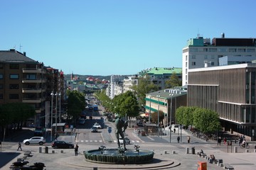 Götaplatsen, Kungsportsavenyen and  Poseidon Statue Fountain in Gothenburg under blue sky, Sweden