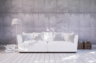 Room with sofa, floor lamp and concrete wall