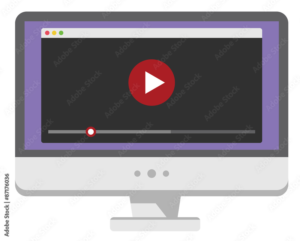 Poster personal computer screen with web video player. vector