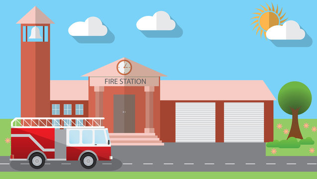 Flat design vector illustration of fire station building and parked fire truck in flat design style, vector illustration