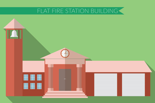 Flat design modern vector illustration of fire station building icon, with long shadow on color background