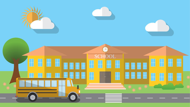 Flat design vector illustration of school building and parked school bus in flat design style, vector illustration