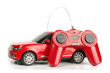 Radio controlled car with controller isolated on the white background