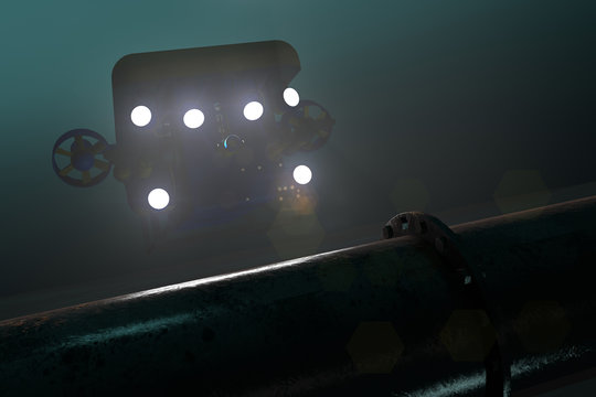 High quality 3D render of an ROV submersible locating a sub-sea pipeline deep underwater. Fictitious ROV is a unique design, created and modeled entirely by myself. Murky water to emphasize depth.